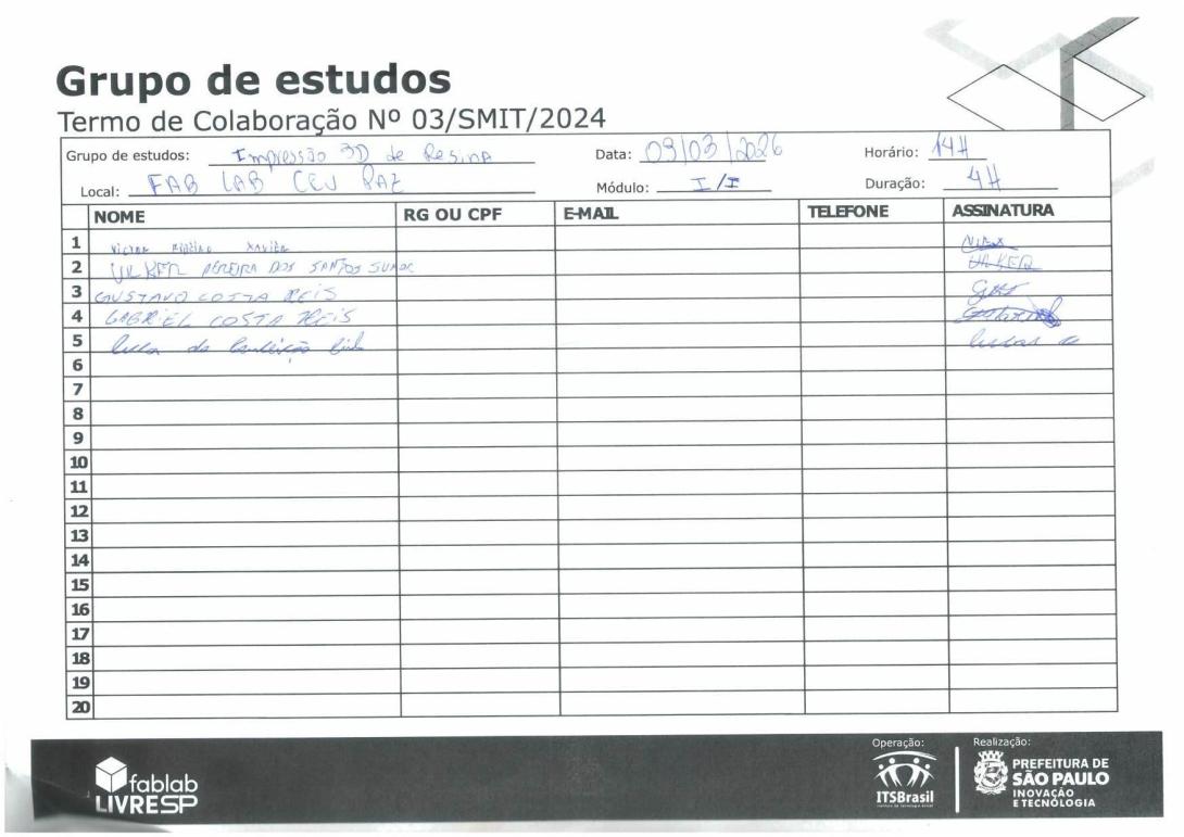 Lista de presença com a assinatura dos munícipes que participaram da Agenda Livre